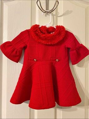 Janie and Jack baby girl Red Textured Holiday Dress with Faux Fur Collar